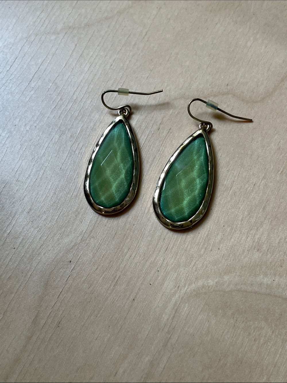 Green Teardrop Dangle Earrings - Gold color Frame